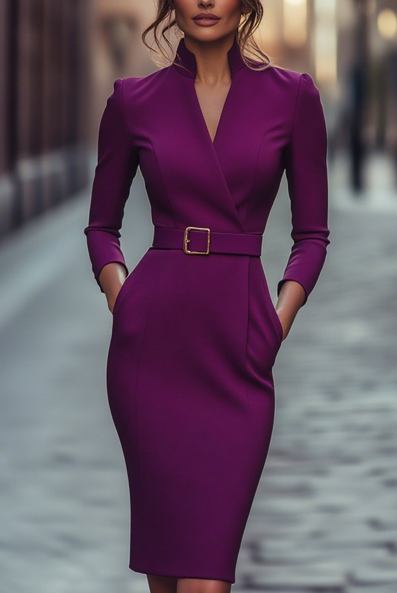 Zara | Belted Sheath Dress Mandarin Collar - Lumina Vancouver - Lumina Vancouver