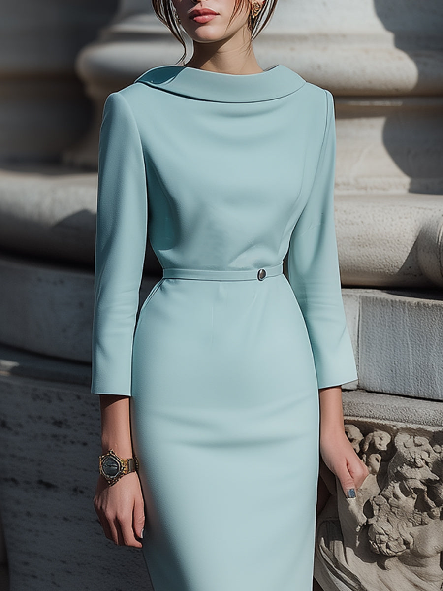 Blue Luna Draped Collar Pencil Midi Dress by Lumina Wear, featuring a fitted silhouette and elegant midi length.