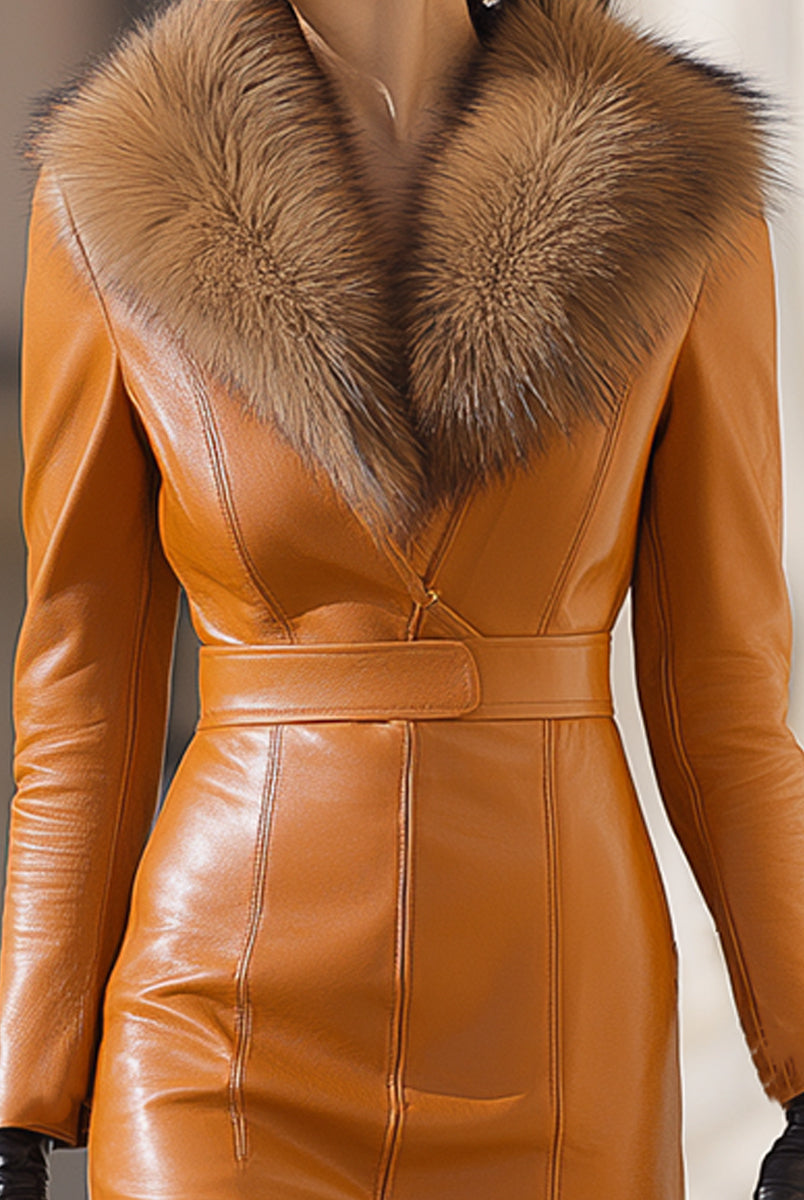 Lumina Wear Mira faux leather maxi dress with fur trim, caramel color, showcasing its stylish midi dress design and texture.