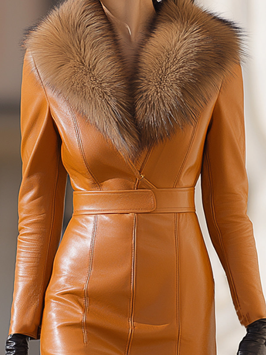 Lumina Wear Mira faux leather maxi dress with fur trim, caramel color, showcasing its stylish midi dress design and texture.