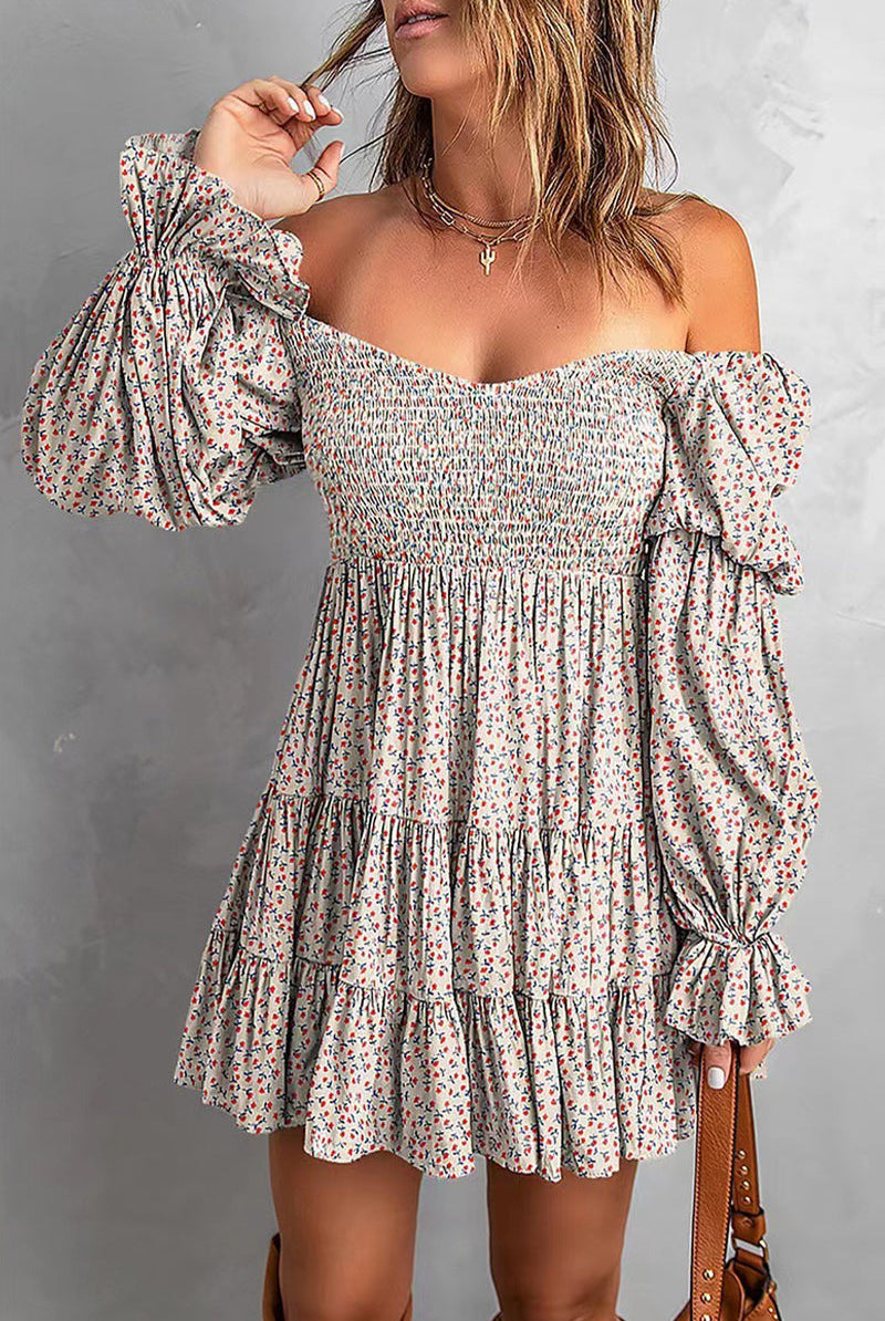 Avalyn off-shoulder mini dress by Lumina Wear in apricot, featuring a fitted silhouette and stylish neckline.