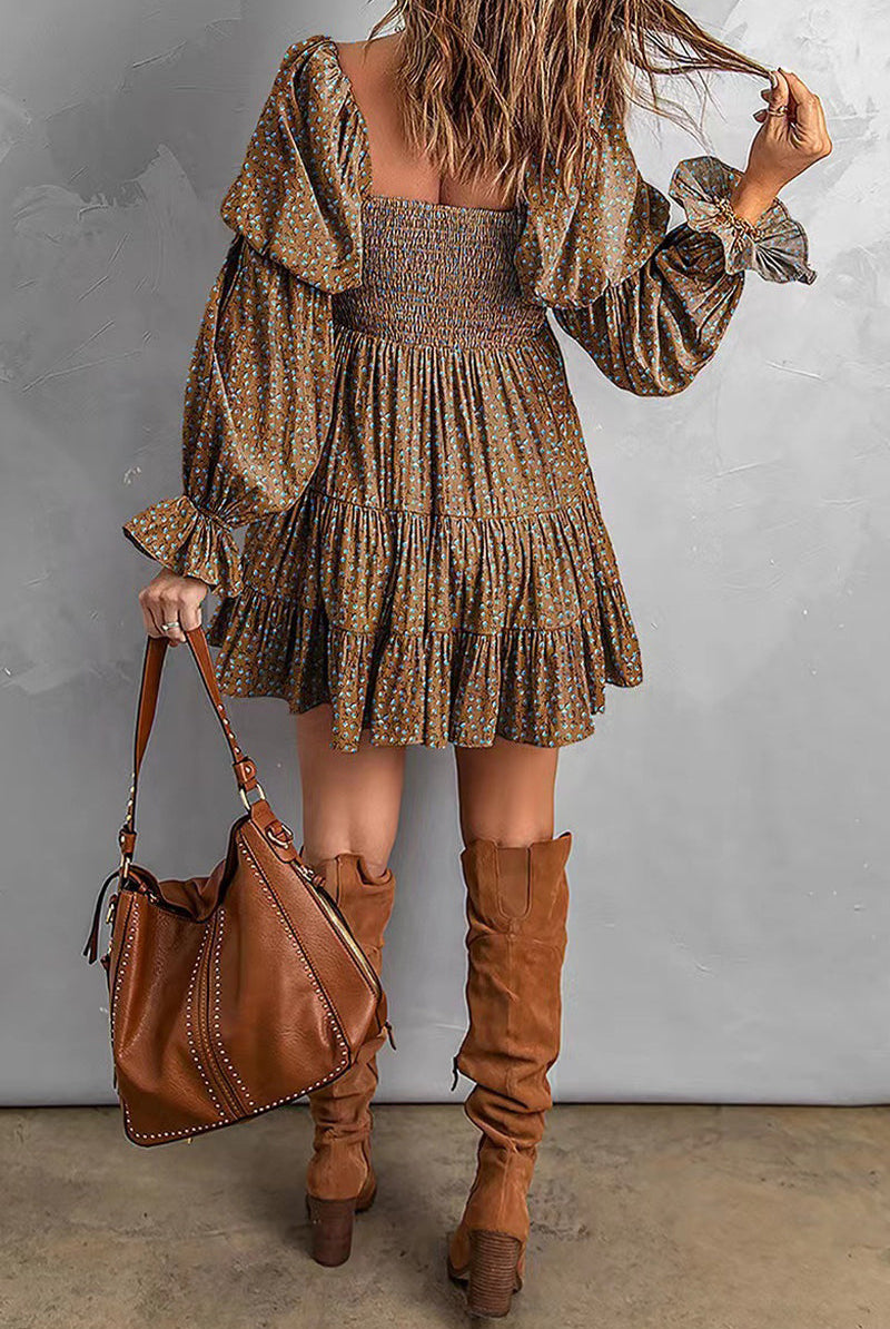 Lumina Wear Avalyn off-shoulder mini dress in apricot, featuring a stylish, fitted design perfect for casual or semi-formal occasions.