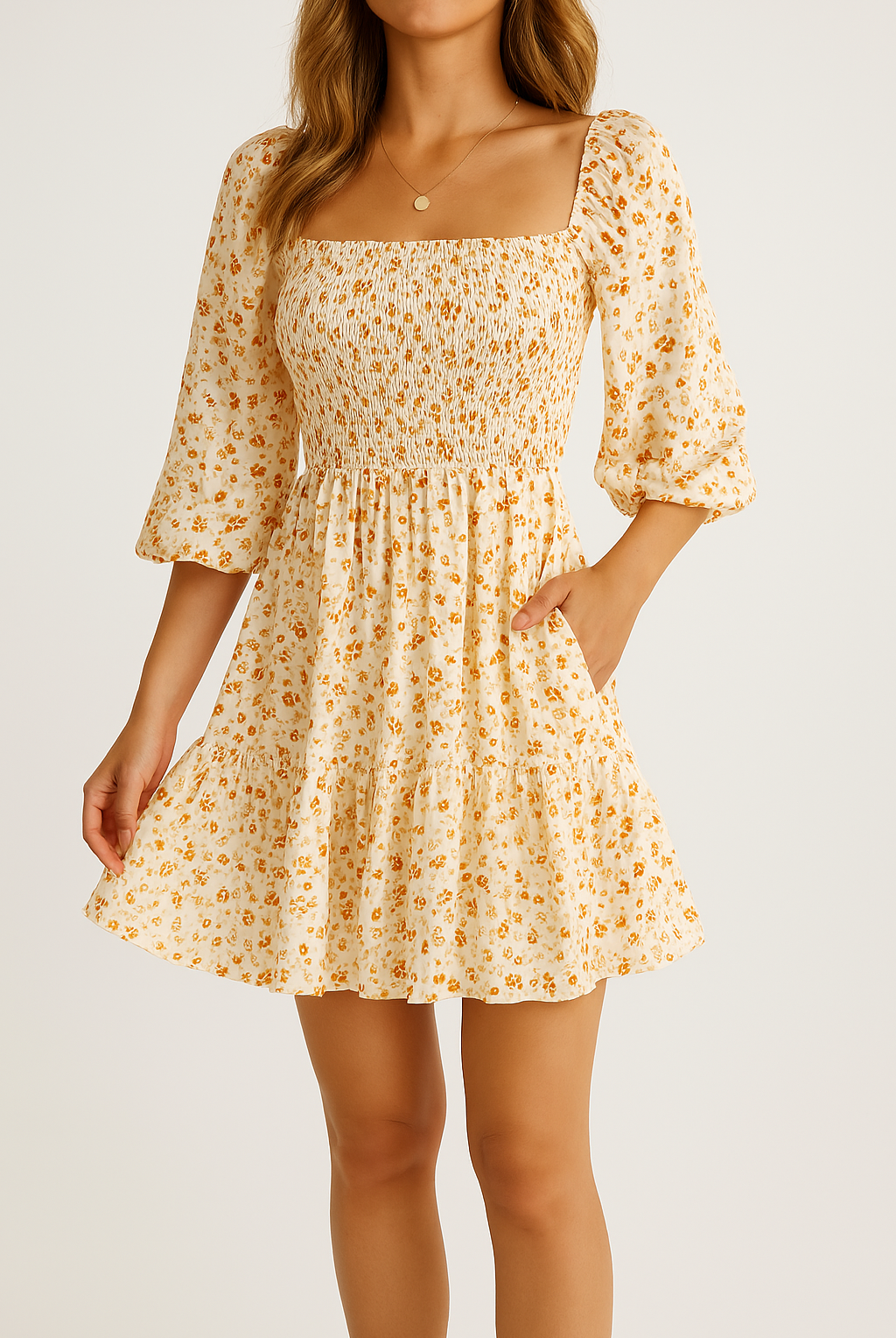Apricot Valentina Rose Harlow A-line mini dress by Lumina Vancouver, featuring a fitted bodice and flowing skirt.