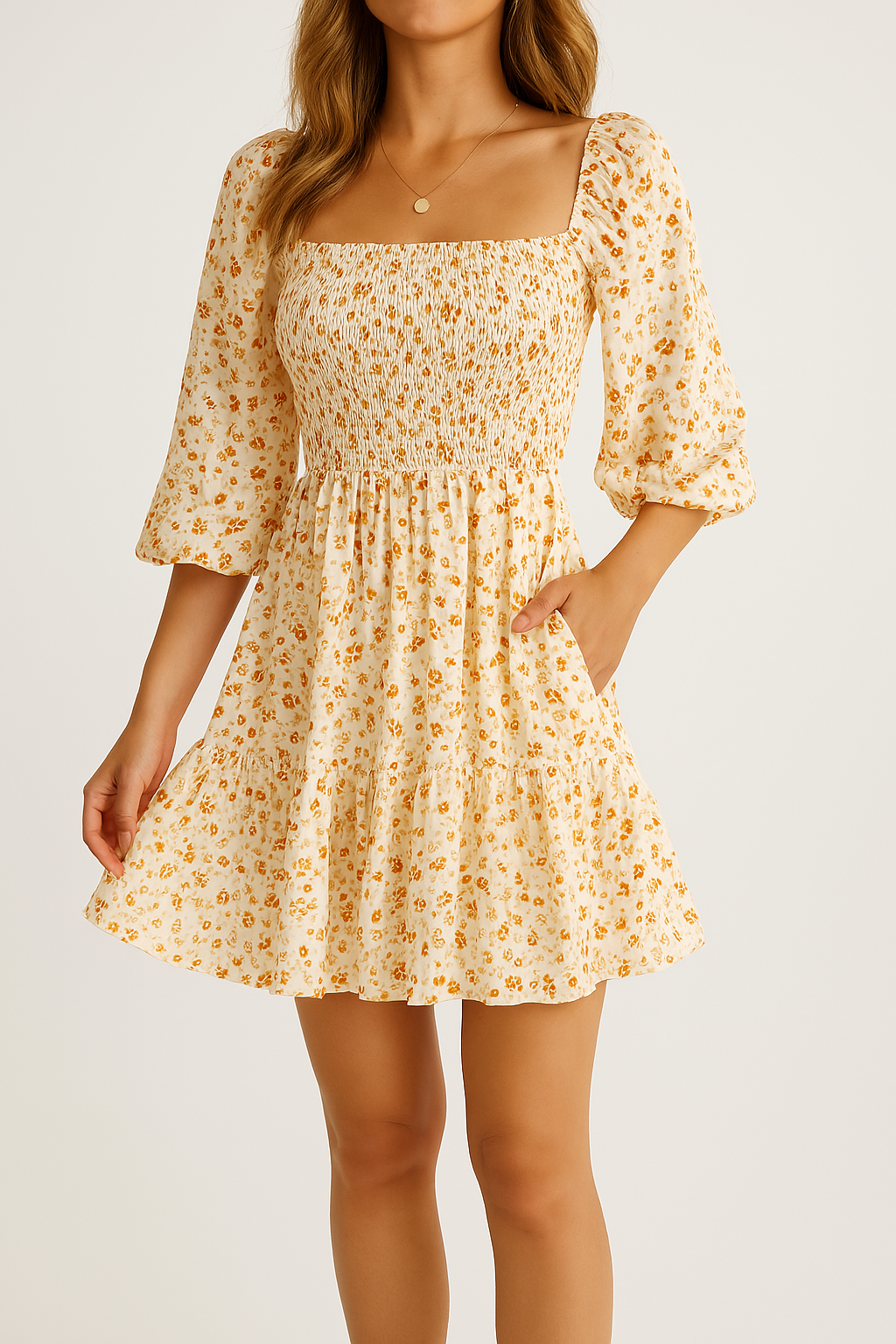 Apricot Valentina Rose Harlow A-line mini dress by Lumina Vancouver, featuring a fitted bodice and flowing skirt.