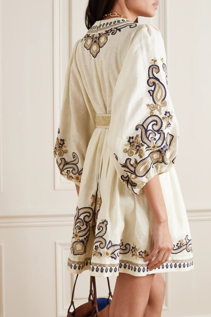 Apricot embroidered boho mini dress by Lumina Vancouver featuring intricate marigold embroidery and relaxed fit.