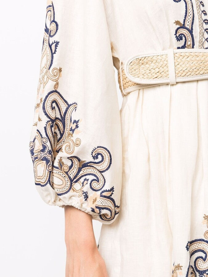 Apricot embroidered boho mini dress by Lumina Vancouver featuring intricate marigold embroidery and flowy, relaxed fit.