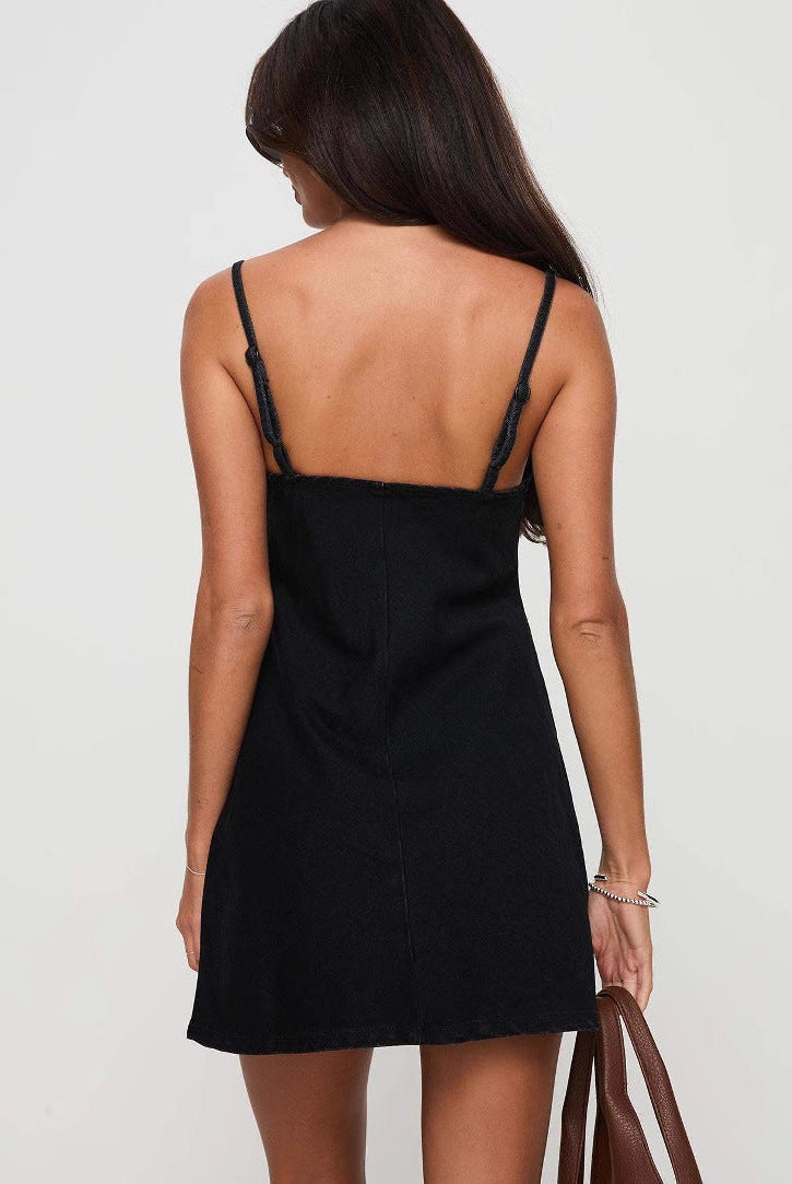 Black Alexandria A-Line Mini Dress by Lumina Wear, featuring a stylish fit and elegant design, shown on a model.