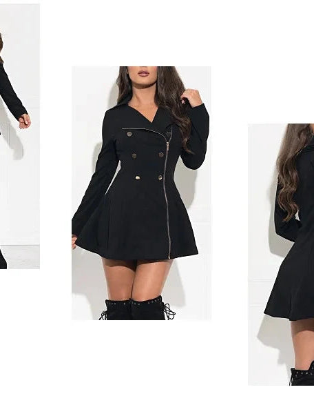 Black Violetta coat dress by Lumina Wear, mini length, stylish nightfall design, featuring a luxe fabric and modern silhouette.