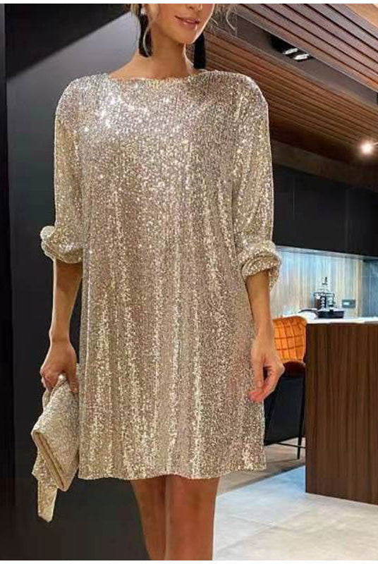 Black Lumina Vancouver Celeste sequin mini dress with loose fit, featuring shimmering sequins and a stylish, relaxed silhouette.