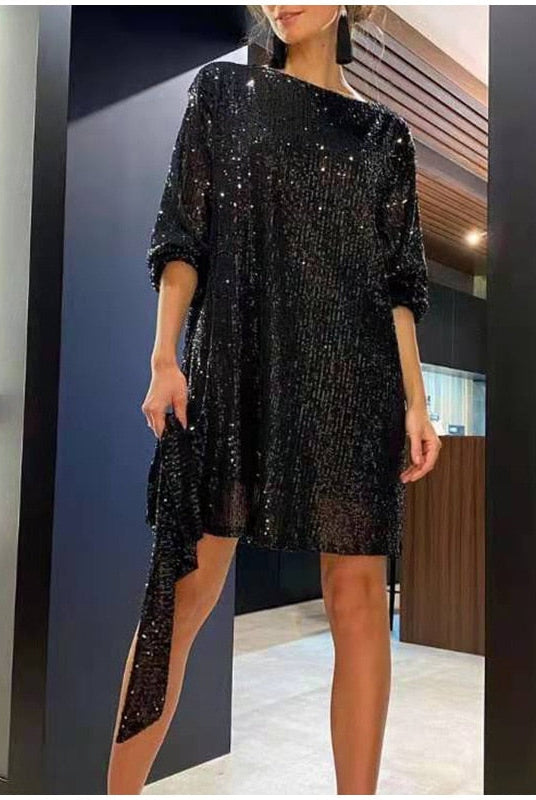 Black Celeste Lumina Vancouver sequin mini dress with a loose fit, featuring a stylish and elegant design perfect for evening wear.