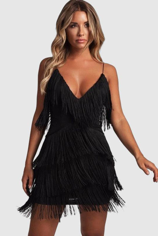 Black Lumina Vancouver Kai mini dress with fringed detailing, short length, fitted silhouette, and stylish design.