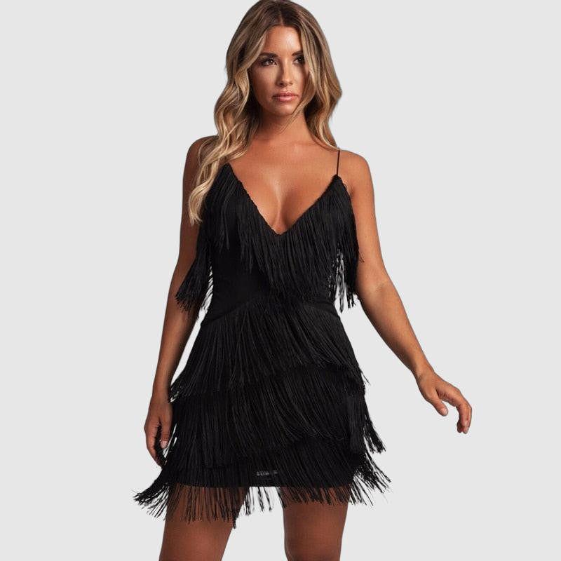 Black Lumina Vancouver Kai mini dress with fringed detailing, short length, fitted silhouette, and stylish design.