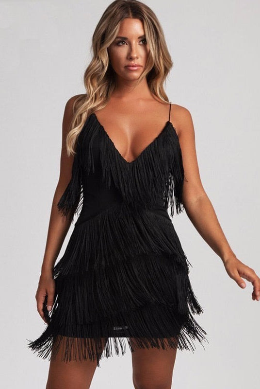 Black Lumina Vancouver Kai mini dress with fringed detailing, showcasing a fitted silhouette and stylish design.