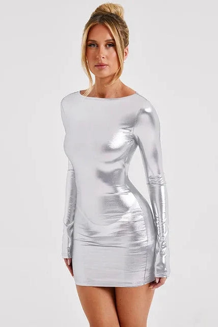 Black Lumina Wear Therese faux leather bodycon mini dress, form-fitting with long sleeves and a sleek, stylish silhouette.