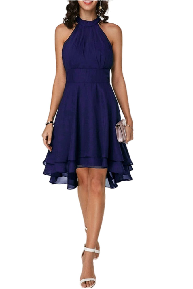 Black Lyra halter neck mini dress with layered skirt by Lumina Vancouver, shown on a model.