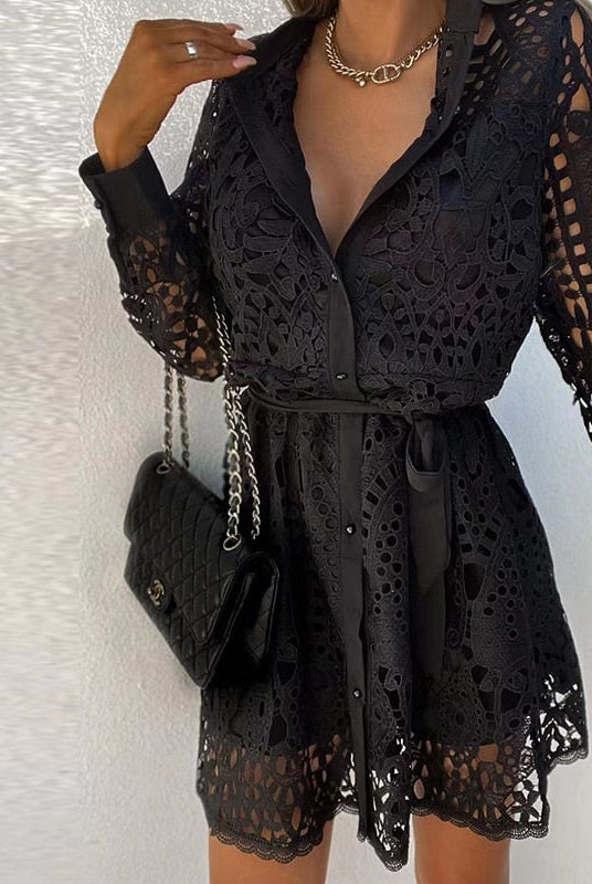 Black Nova lace mini dress by Lumina Vancouver featuring a collared neckline and fitted silhouette.