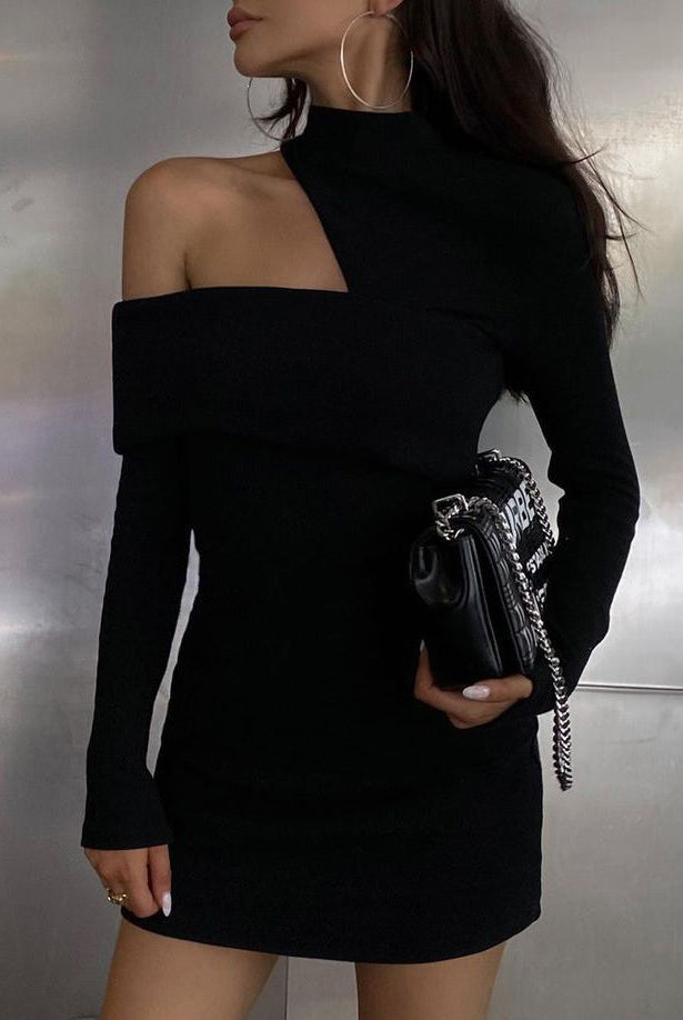 Black Nova off-shoulder bodycon mini dress by Lumina Vancouver, fitted style with long sleeves and elegant neckline.