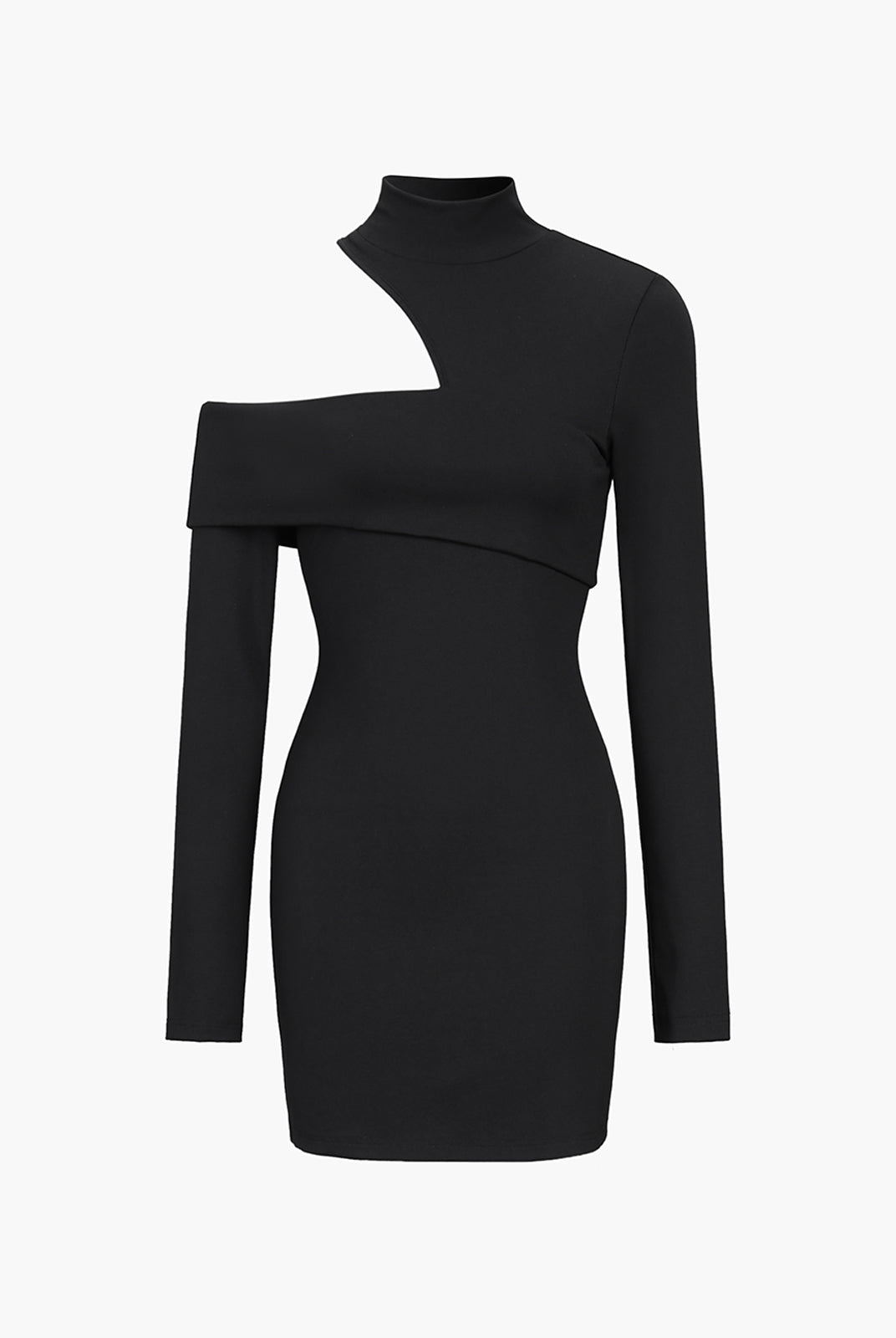 Black Nova off-shoulder bodycon mini dress by Lumina Vancouver, fitted design with long sleeves and stylish silhouette.