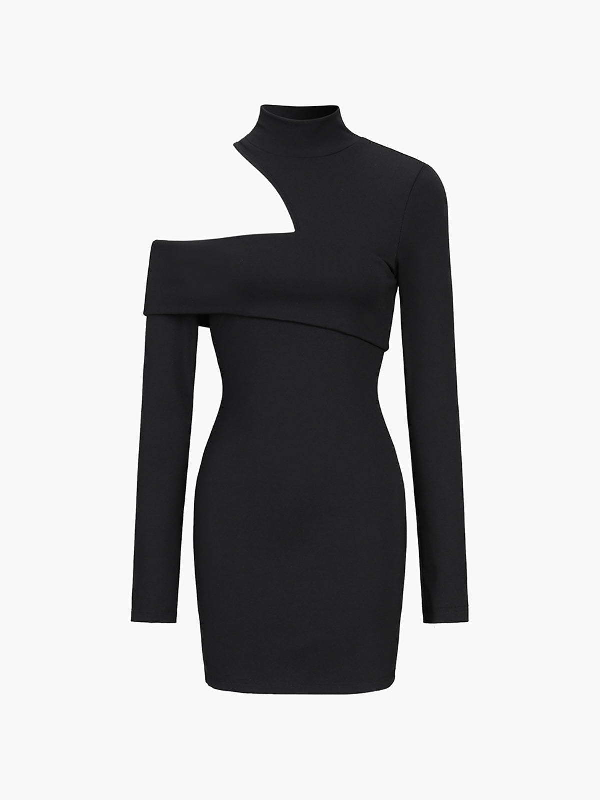 Black Nova off-shoulder bodycon mini dress by Lumina Vancouver, fitted design with long sleeves and stylish silhouette.