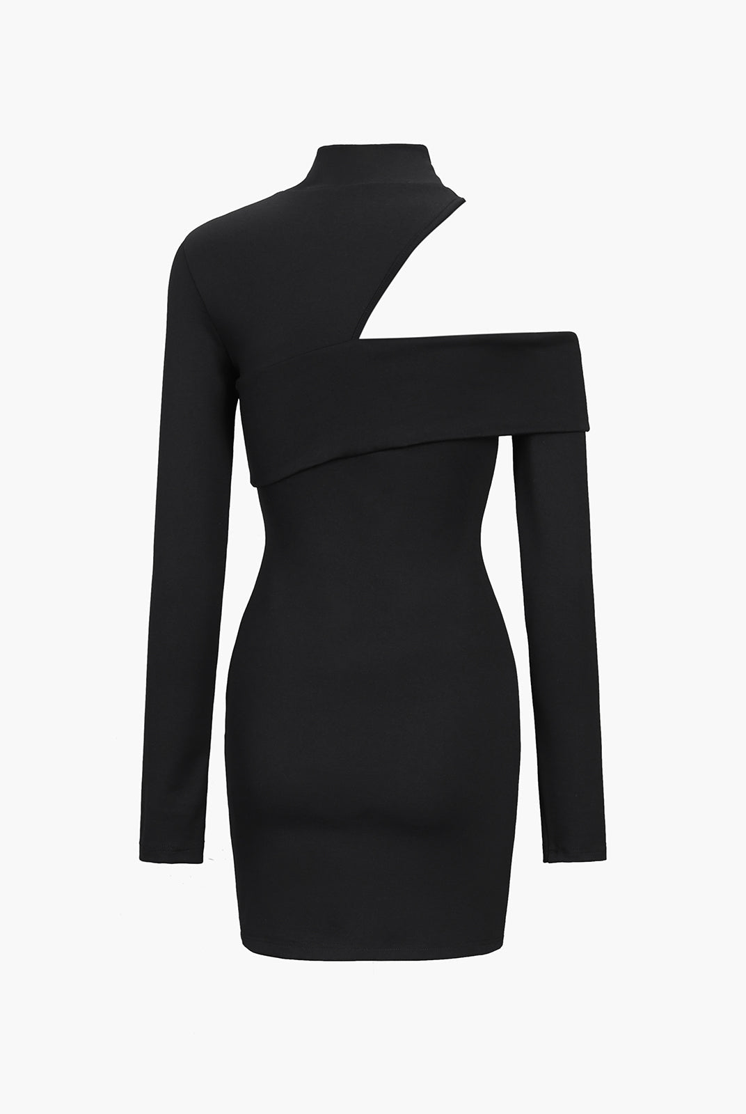Black Nova off-shoulder bodycon mini dress by Lumina Vancouver, form-fitting design with sleek style displayed in the image.
