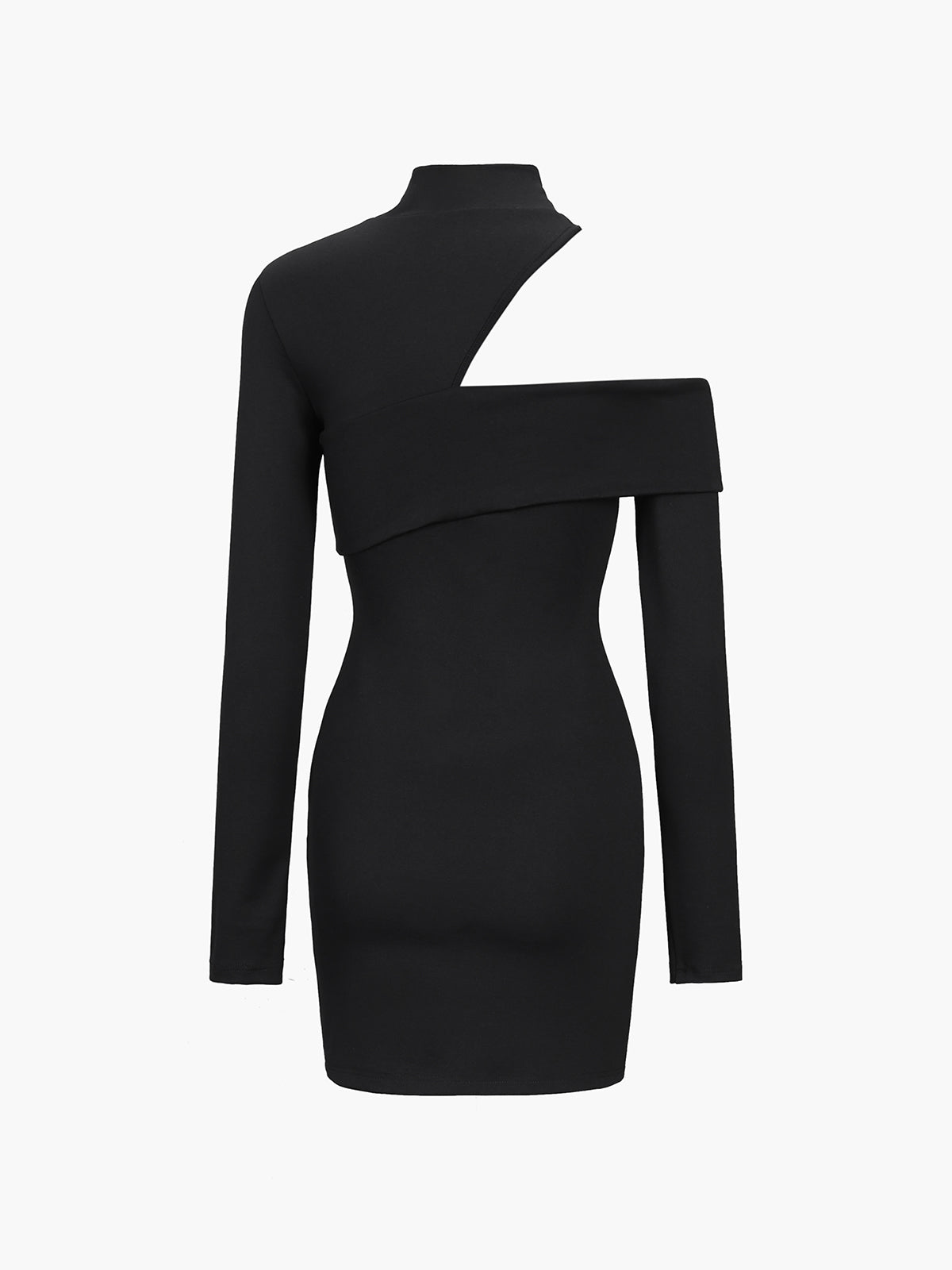 Black Nova off-shoulder bodycon mini dress by Lumina Vancouver, form-fitting design with sleek style displayed in the image.