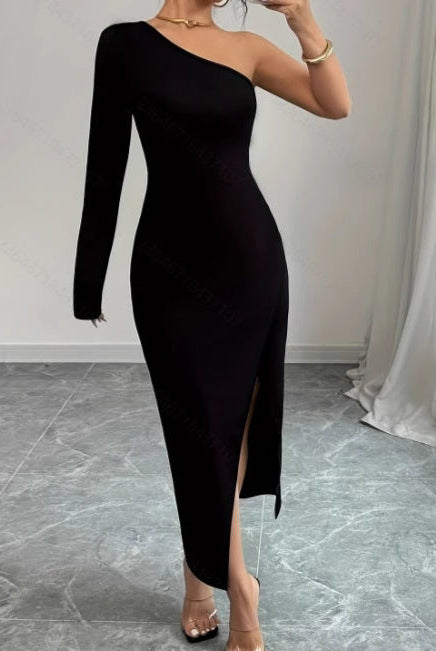 Black Nova Lumina Vancouver one-shoulder mini bodycon dress, form-fitting design, stylish evening wear for women.