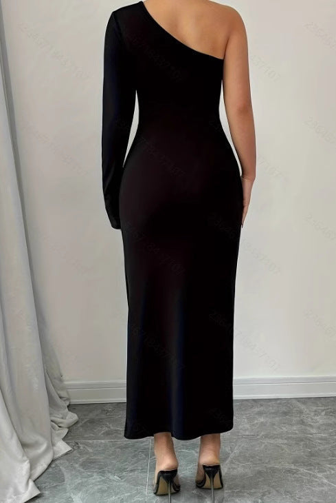 Black Lumina Wear Nova one-shoulder bodycon mini dress, form-fitting with a sleek design, shown on a model.
