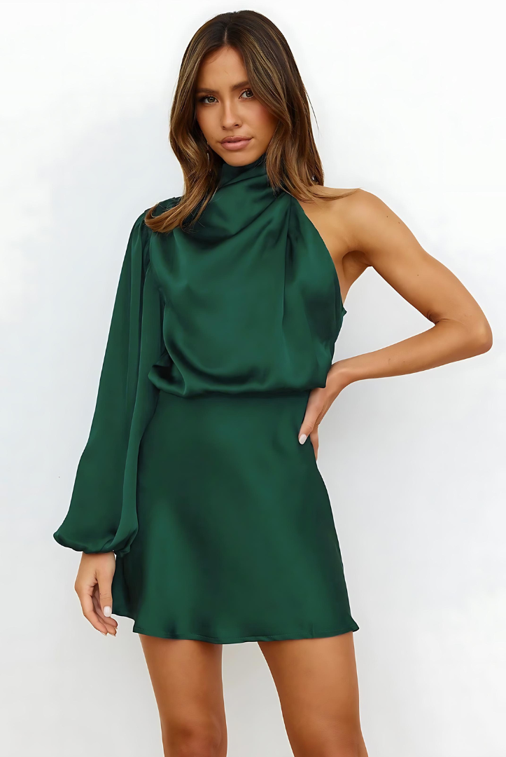 Black Lumina Nova mini dress with one-shoulder satin finish, showcasing sleek fit and elegant design.