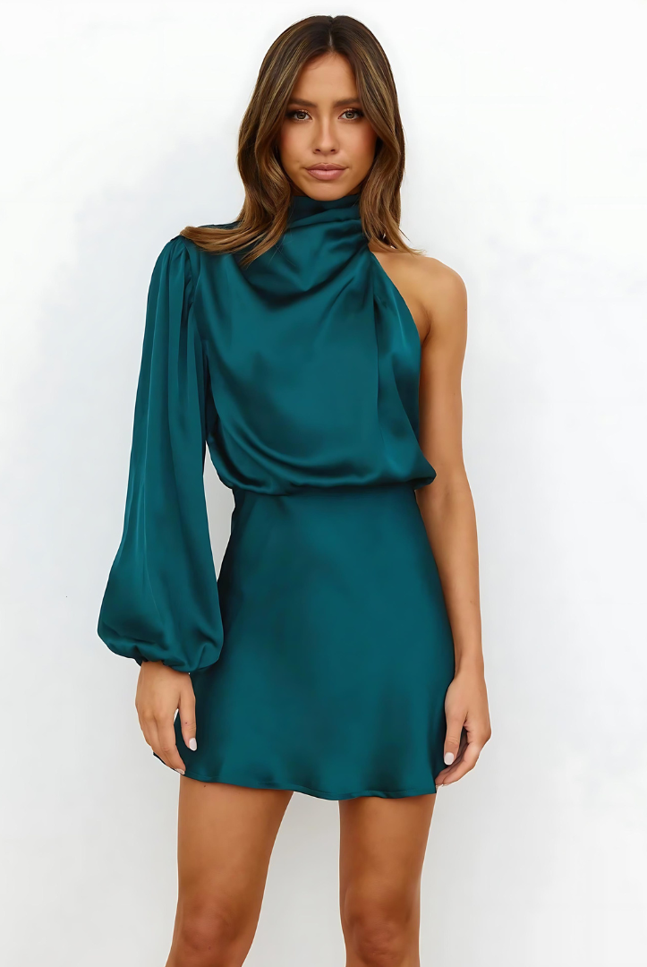 Black Lumina Nova mini dress with one-shoulder design and satin finish, shown on a model.
