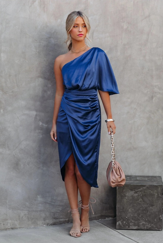 Black Sinead one-shoulder satin mini dress by Lumina Wear, featuring a sleek fit and elegant design.