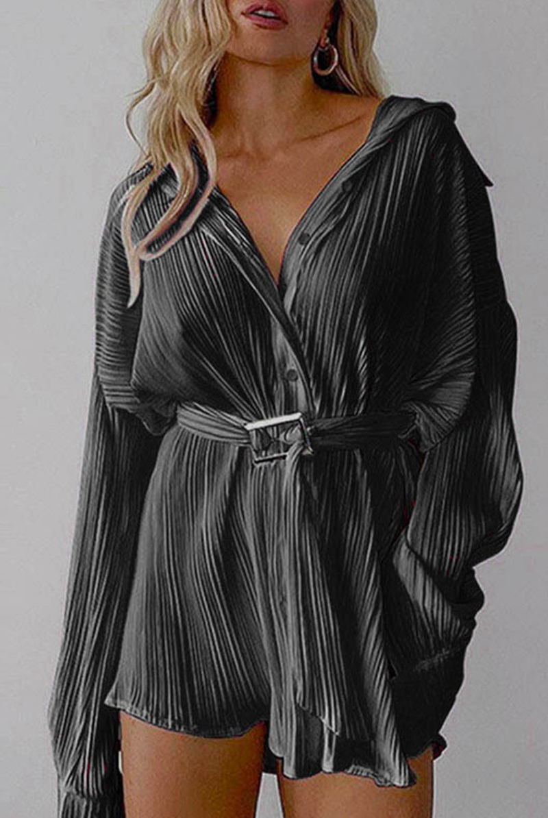 Black Nova Pleated Mini Shirt Dress by Lumina Vancouver, showing a fitted mini dress with pleats and shirt collar details.