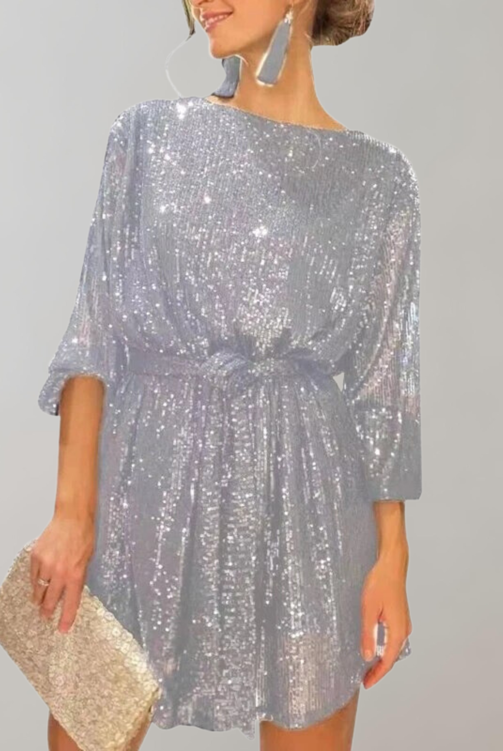 Black Nova sequin knee-length mini dress with belt by Lumina Wear, featuring shimmering sequins and a stylish fit.
