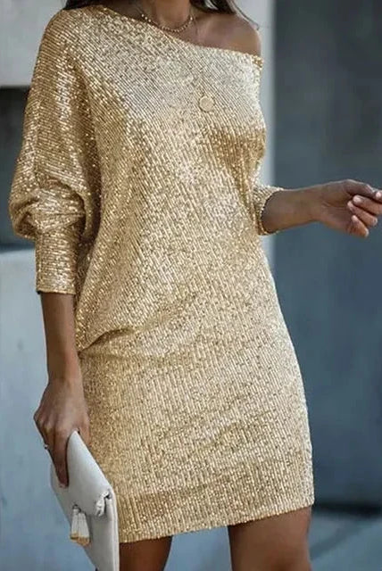 Black Lumina Wear Olwen sequin mini dress with round neckline, featuring sparkling sequins and fitted silhouette.