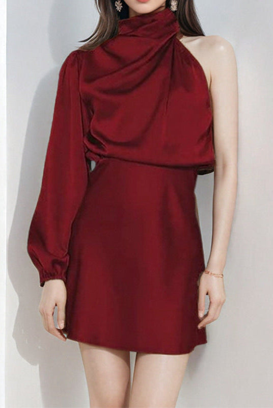 Black Novae mini dress by Lumina Wear featuring a stylish one-shoulder satin design and fitted silhouette.