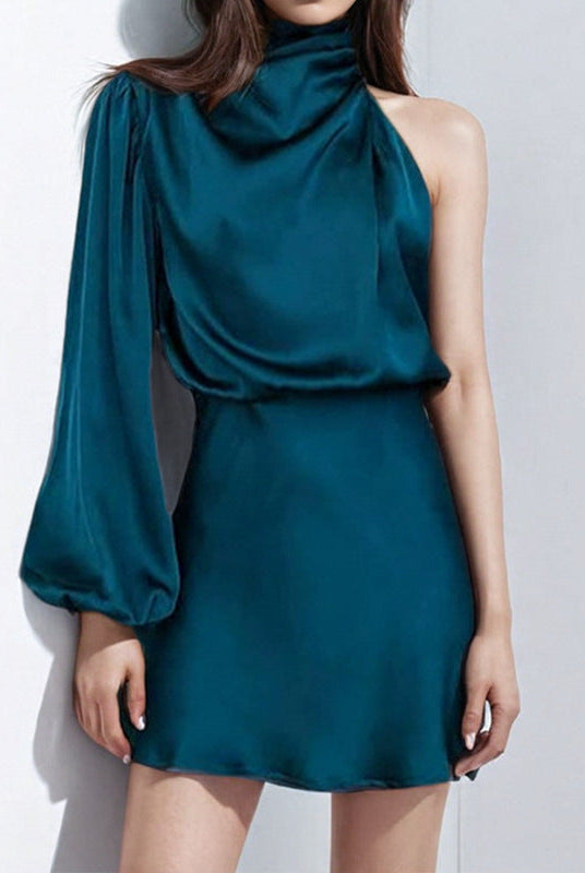Black Novae mini dress by Lumina Wear featuring a one-shoulder satin design, fitted silhouette, and elegant style.