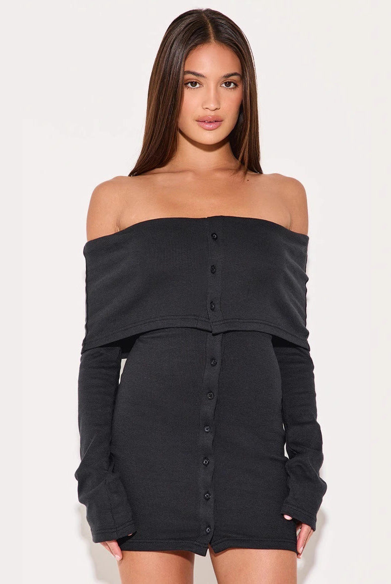 Black Novara off-shoulder mini dress by Lumina Vancouver, stylish short dress with a fitted silhouette and elegant neckline.