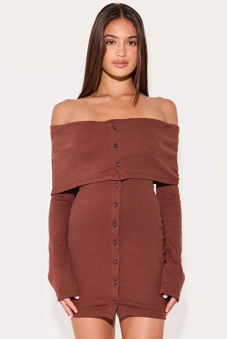 Black Novara off-shoulder mini dress by Lumina Vancouver, featuring a stylish, fitted silhouette and elegant neckline.
