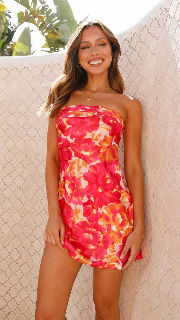 Blue Lumina Vancouver Idunn strapless mini dress with floral print, showing the fitted bodice and lightweight fabric.