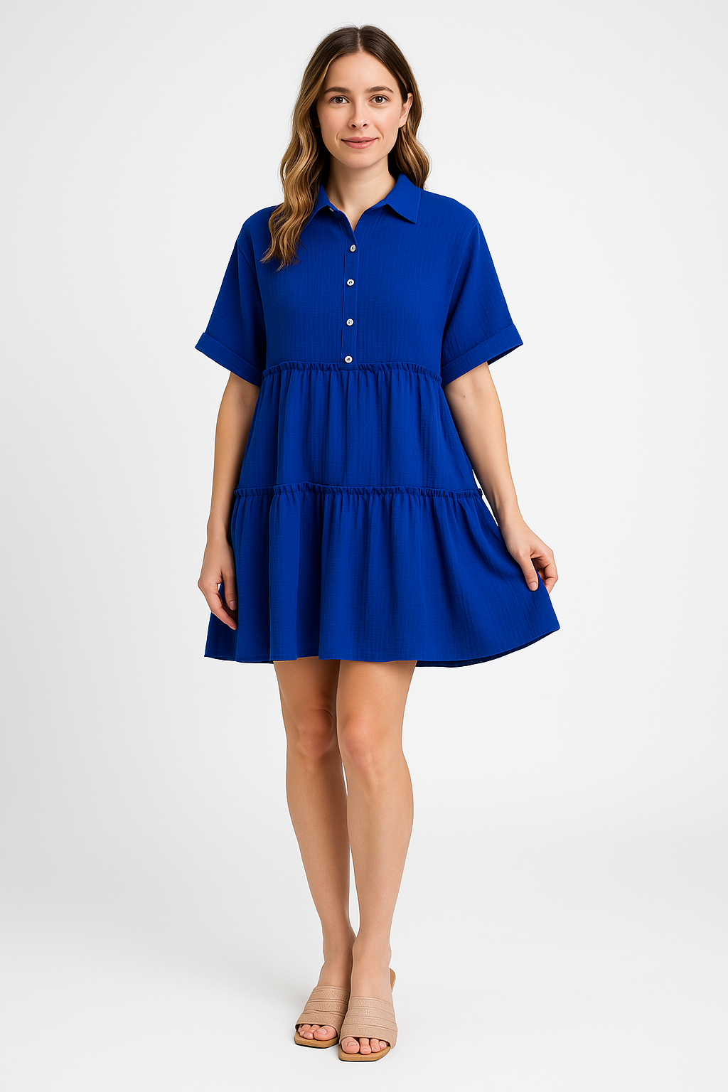 Blue Lumina Vancouver Stina cotton linen blend mini dress, lightweight and stylish, shown on a model with a relaxed fit.