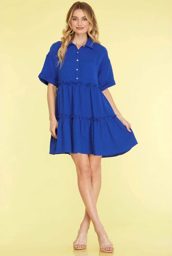 Blue Stina mini dress by Lumina Wear, made from cotton linen blend, shown on a model with a relaxed, stylish fit.