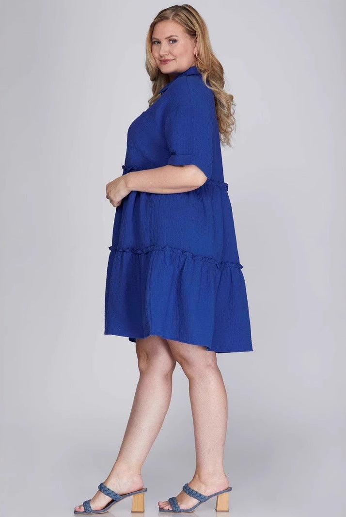 Blue Stina cotton linen blend mini dress by Lumina Wear, featuring a stylish, lightweight design and fitted silhouette.