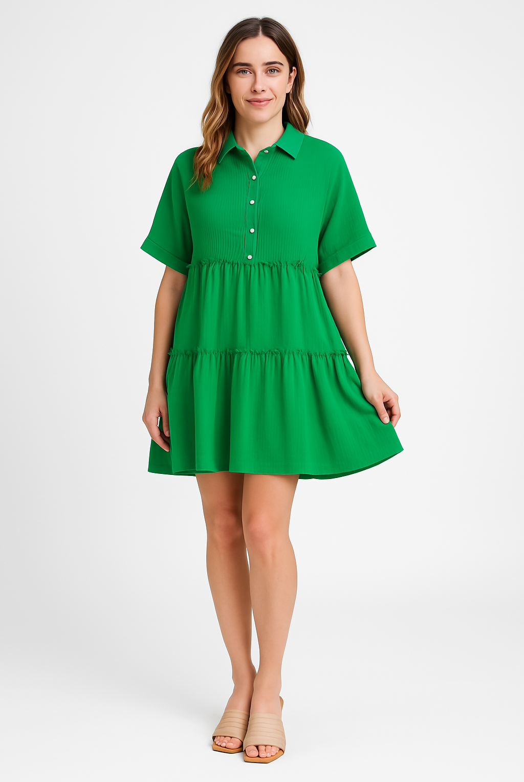 Blue Lumina Wear Stina cotton linen blend mini dress displayed on a model, featuring a stylish, lightweight summer design.