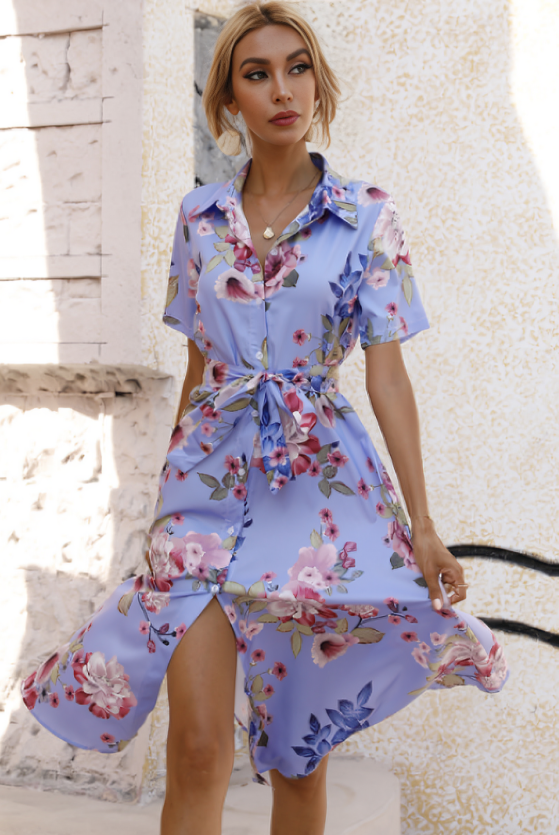 Blue Elara shirt dress by Lumina Vancouver featuring a button-down floral design, perfect for casual or semi-formal wear.