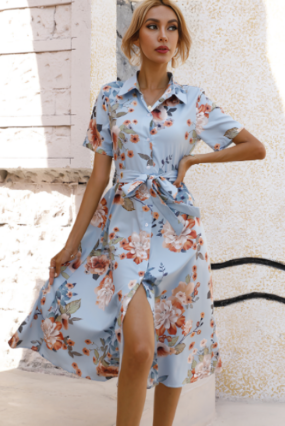 Blue Elara shirt dress by Lumina Vancouver featuring a floral button-down design, perfect for casual or semi-formal wear.