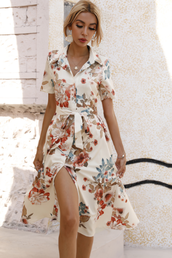 Blue Elara shirt dress by Lumina Vancouver featuring a floral print, button-down mini dress perfect for casual wear.