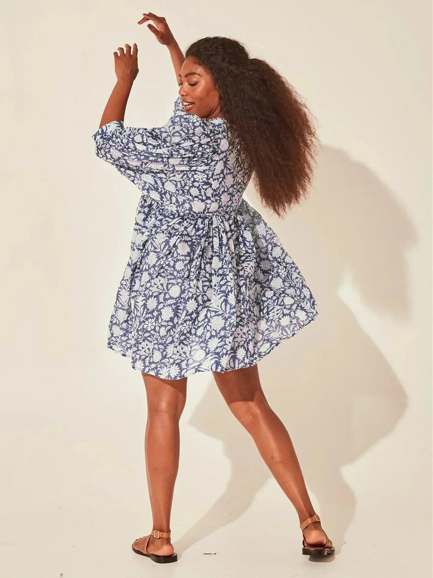 Blue Aurora Flow Boho Floral women's mini dress by Lumina Vancouver, featuring a flowing bohemian floral design.