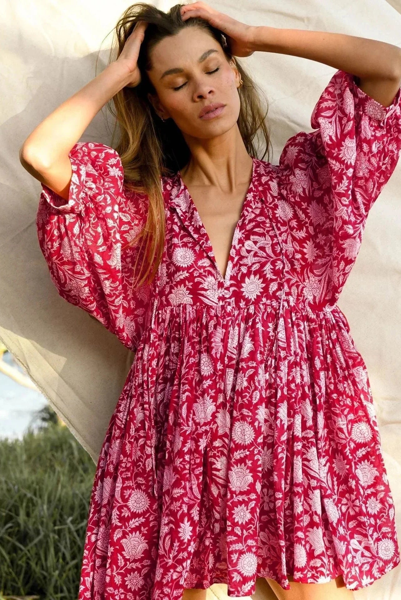 Blue Aurora Flow Boho Floral mini dress for women by Lumina Vancouver, featuring a flowy, bohemian floral design.