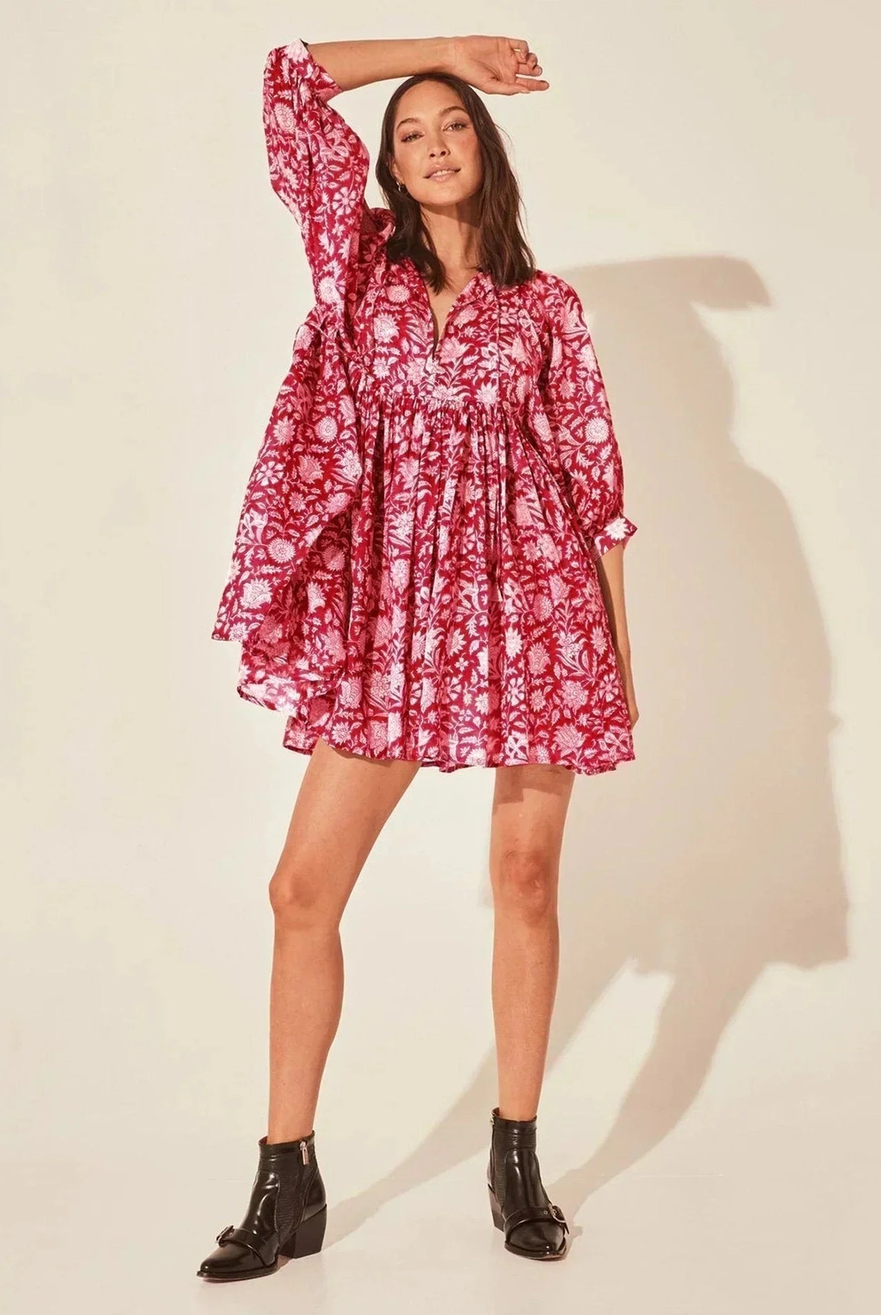 Blue Aurora Flow Boho Floral women's mini dress by Lumina Vancouver with a relaxed, flowy fit and vibrant floral pattern.