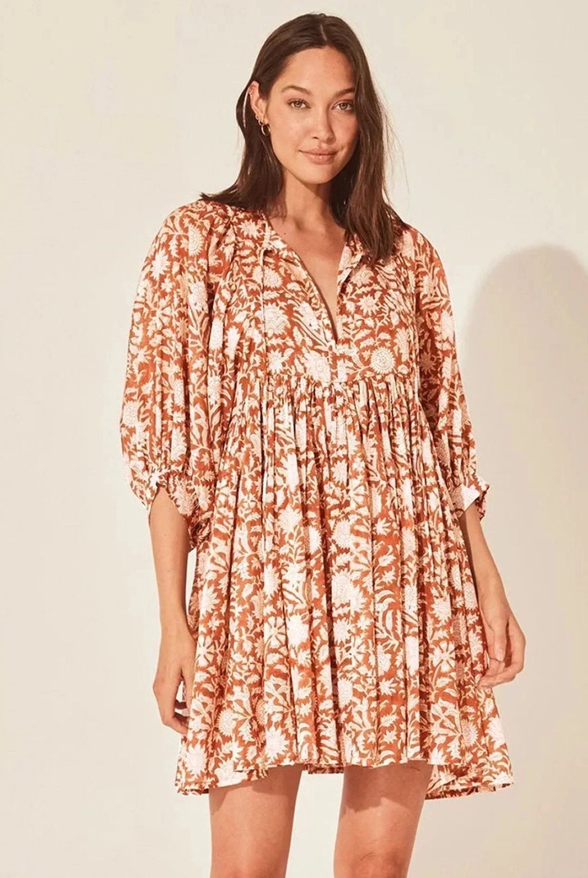 Blue Aurora Flow Boho Floral mini dress for women by Lumina Vancouver, featuring a flowy, bohemian floral design.