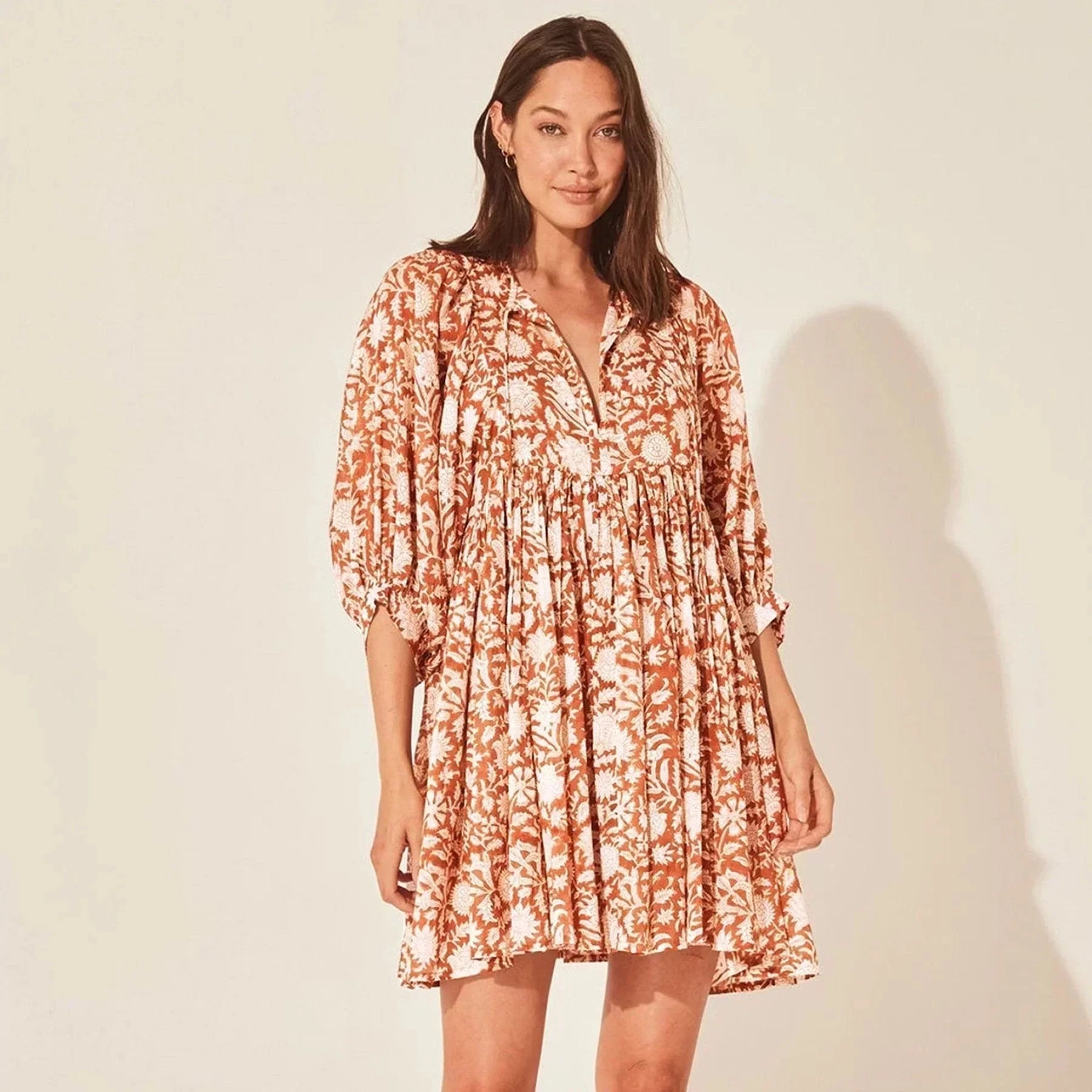 Blue Aurora Flow Boho Floral mini dress for women by Lumina Vancouver, featuring a flowy, bohemian floral design.